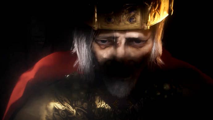 Artwork for Crusader Kings 3’s Legends of the Dead expansion showing an old king in ill health shrouded in shadow.