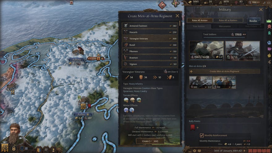 A screenshot of Crusader Kings 3's Northern Lords updates which adds Norse features to the game, including a wintery map shown here.