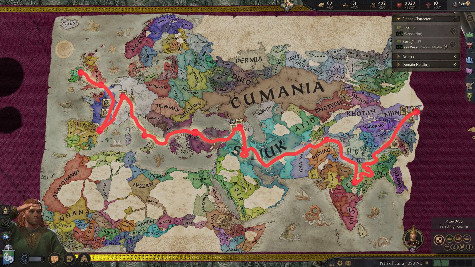 The route Cathmál took across the world, painted on a map. - 3
