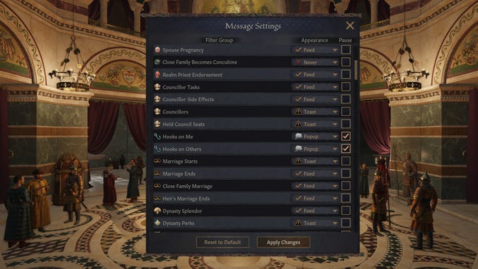 A menu screen shows the various messages you can filter in Crusader Kings 3.