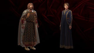 A king and a queen stand in a dark void. The queen looks away from the king.