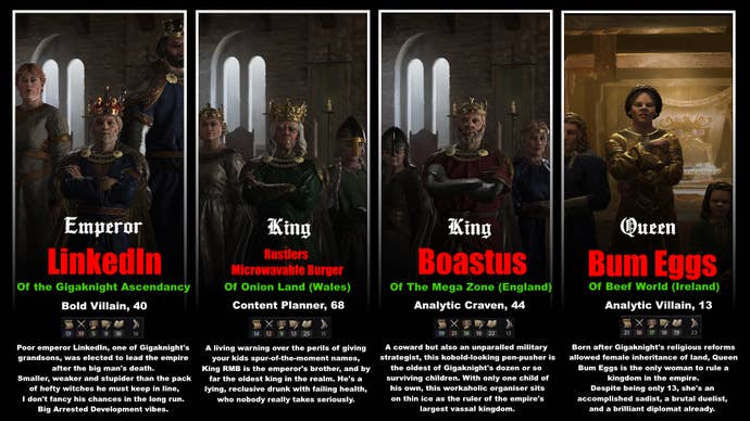 Portraits and flavour text for four of Gigaknight’s descendants.