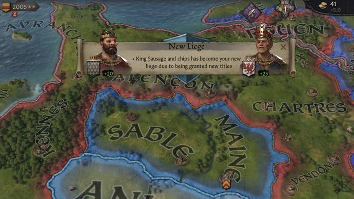 A message pop-up informing me that I am now the vassal of King Sausage & Chips.