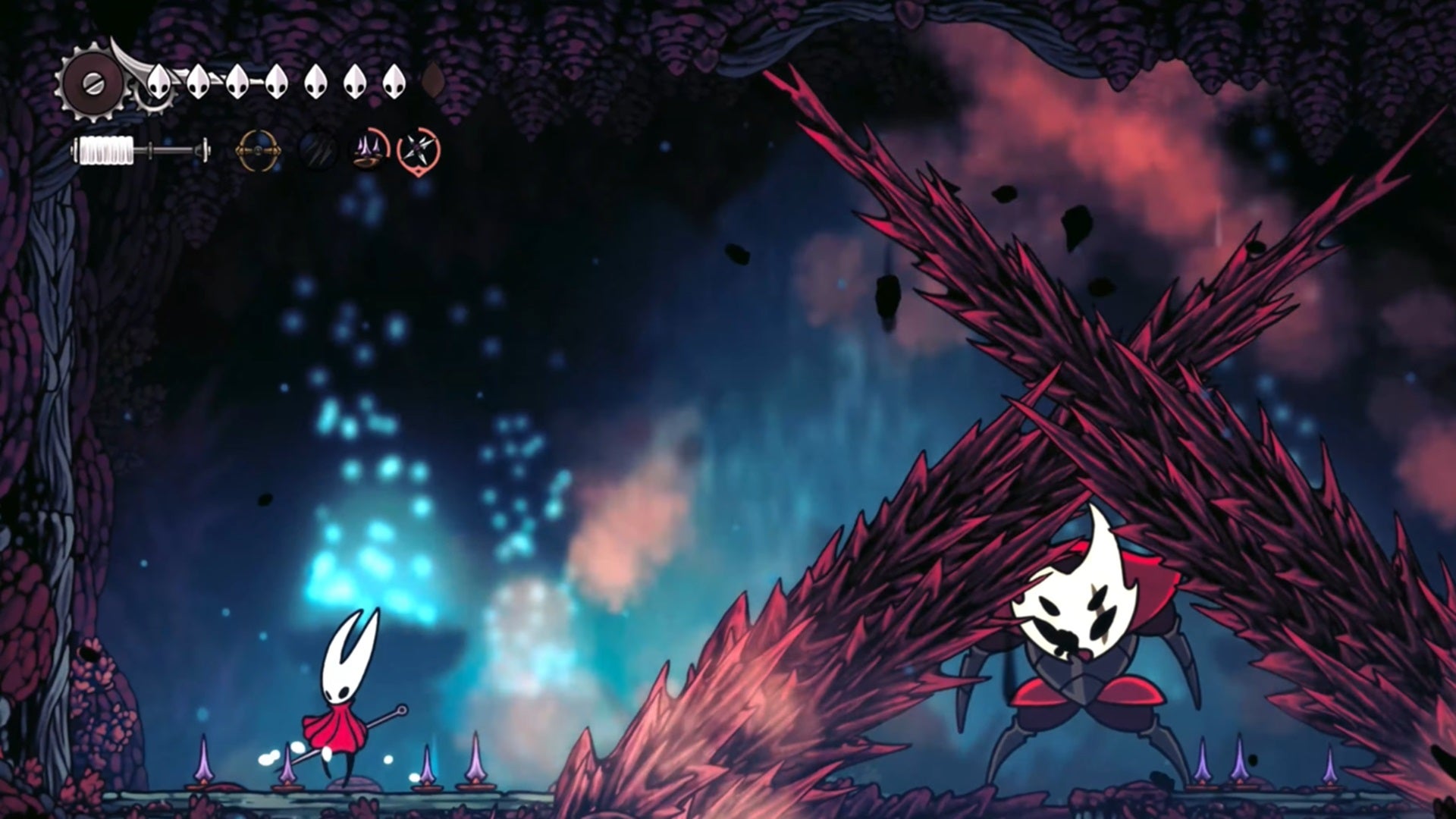 Hornet steps away from two huge thorns summoned from the ground by Crust King Khann in Hollow Knight: Silksong. - 94