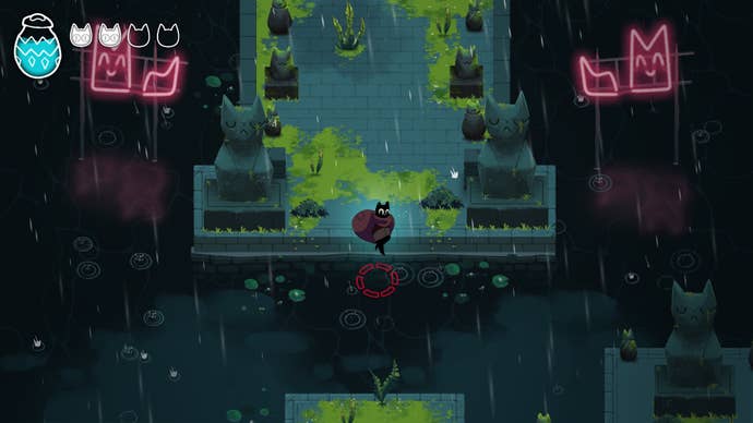 A cat in a cloak jumps over a void in Crypt Custodian