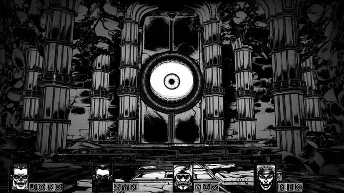 A giant ominous door with an eyeball at its centre in Cryptmaster