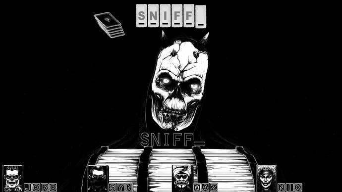 A devil character looks at the player as they type SNIFF in Cryptmaster