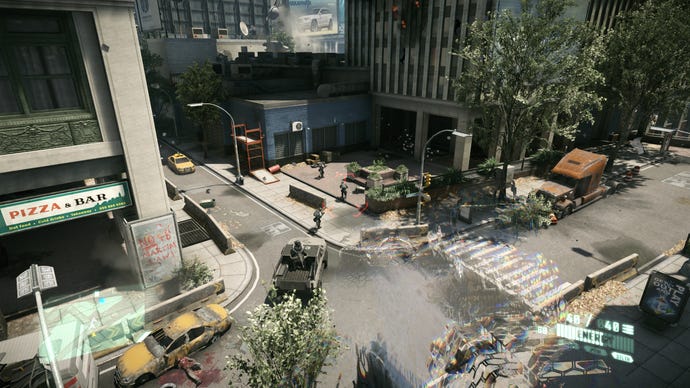 Soldiers guard a street junction in Crysis 2.