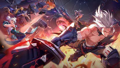 Artwork for the gacha game Crystal of Atlan, showing some fantasy-style anime characters holding weapons.