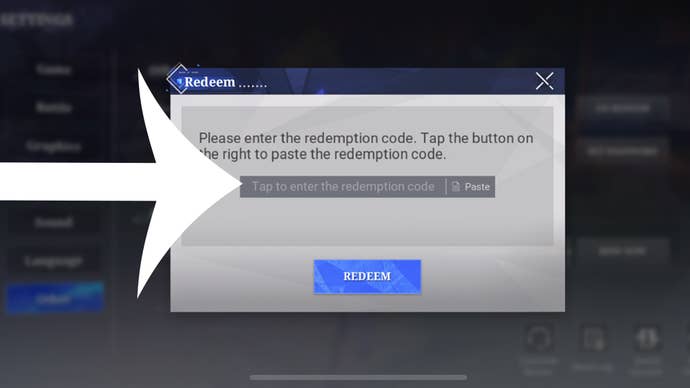 The menu used to redeem codes in Crystal of Atlan.