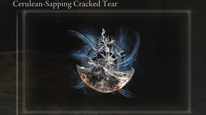 A close-up of the Cerulean-Sapping Cracked Tear item icon in the inventory of Elden Ring: Shadow Of The Erdtree.