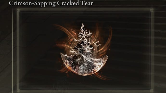 A close-up of the Crimson-Sapping Cracked Tear item icon in the inventory of Elden Ring: Shadow Of The Erdtree.