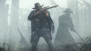 A Hunt: Showdown screenshot showing two bounty hunters roaming though a misty swamp with their guns drawn.
