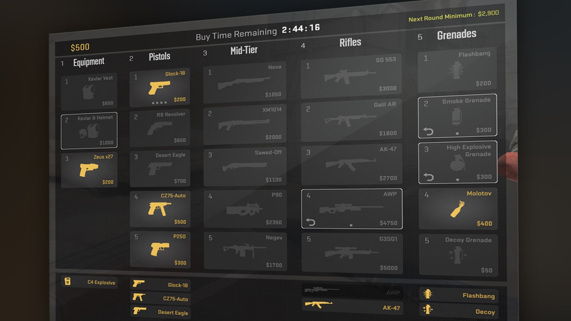 CS2's updated buy menu, with economy tracker in the top right corner. - 3