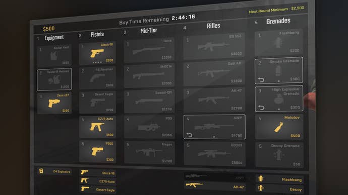 CS2’s updated buy menu, with economy tracker in the top right corner.