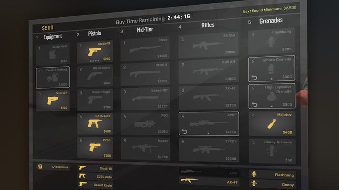 CS2's updated buy menu, with economy tracker in the top right corner.