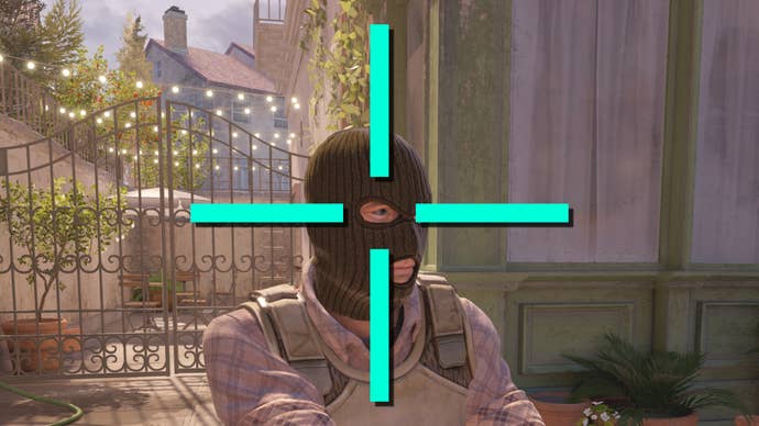 A large cyan crosshair superimposed over a terrorist’s head in Counter-Strike 2.