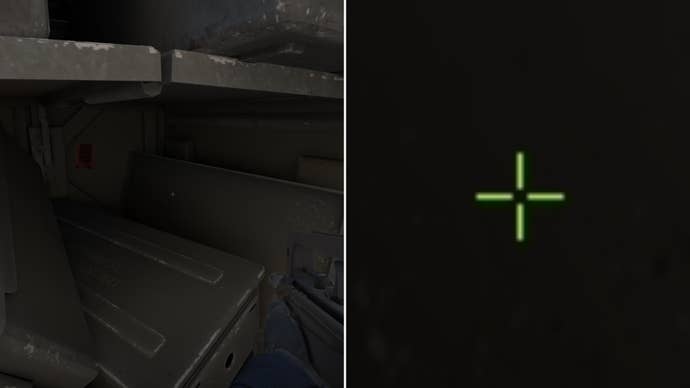 Left: a player stares at a grey background in Counter-Strike 2. Right: a close-up of the player’s crosshair.