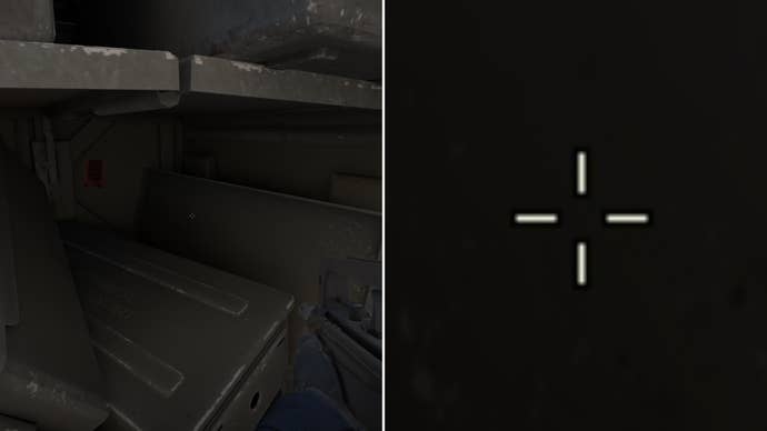Left: a player stares at a grey background in Counter-Strike 2. Right: a close-up of the player’s crosshair.