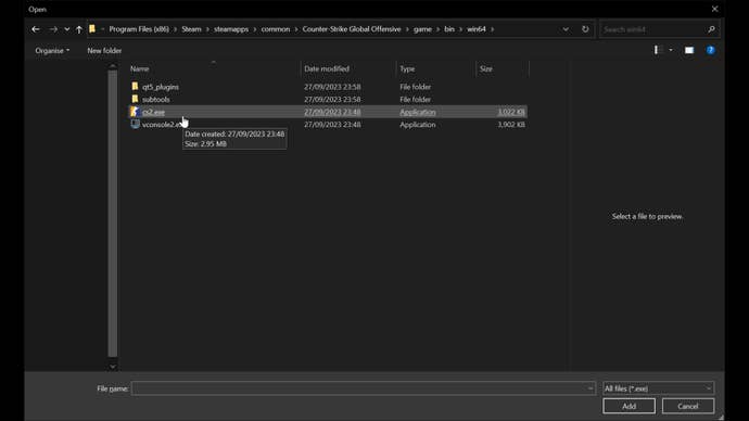 The location of the CS2 executable file in Windows Explorer.