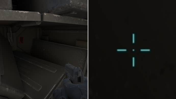 Left: a player stares at a grey background in Counter-Strike 2. Right: a close-up of the player’s crosshair.