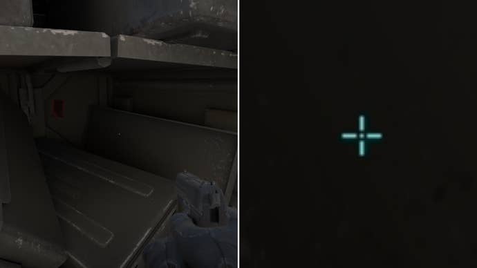 Left: a player stares at a grey background in Counter-Strike 2. Right: a close-up of the player’s crosshair.