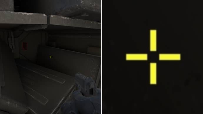 Left: a player stares at a grey background in Counter-Strike 2. Right: a close-up of the player’s crosshair.
