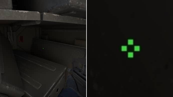 Left: a player stares at a grey background in Counter-Strike 2. Right: a close-up of the player’s crosshair.