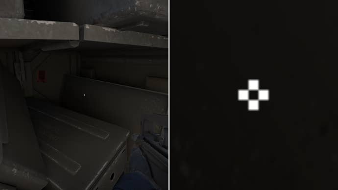 Left: a player stares at a grey background in Counter-Strike 2. Right: a close-up of the player’s crosshair.