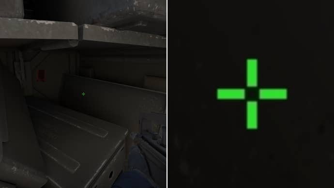 Left: a player stares at a grey background in Counter-Strike 2. Right: a close-up of the player’s crosshair.