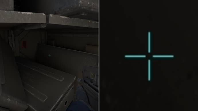 Left: a player stares at a grey background in Counter-Strike 2. Right: a close-up of the player’s crosshair.