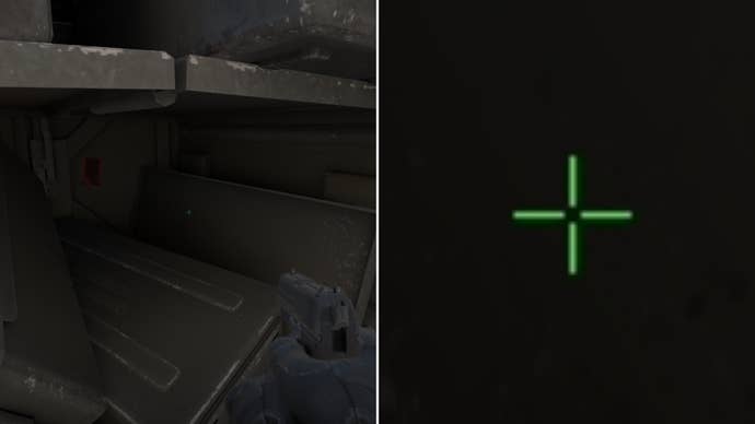 Left: a player stares at a grey background in Counter-Strike 2. Right: a close-up of the player’s crosshair.