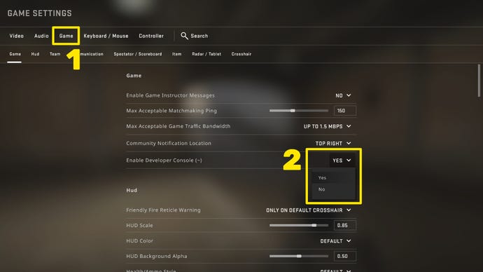 A screenshot of the Settings menu in CS:GO, with the steps to enable the console marked with yellow squares and numbers.