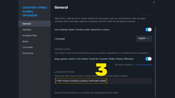 A screenshot of Counter-Strike: Global Offensive's Properties window in Steam, with the launch options text box highlighted.