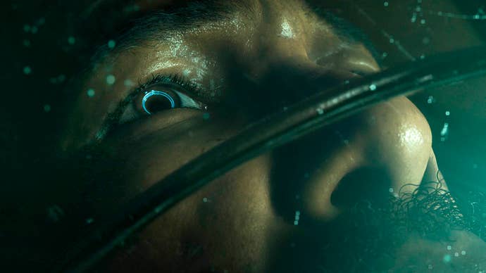 Cthulhu: The Cosmic Abyss promotional image showing a close-up of a man’s sweat-drenched face while his iris glows strangely.
