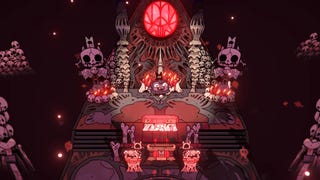 A goat rejoices at an altar in Cult of the Lamb.