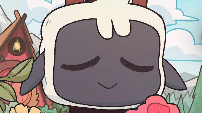 Cult of the Lamb’s cultist-leader lamb sniffs a flower