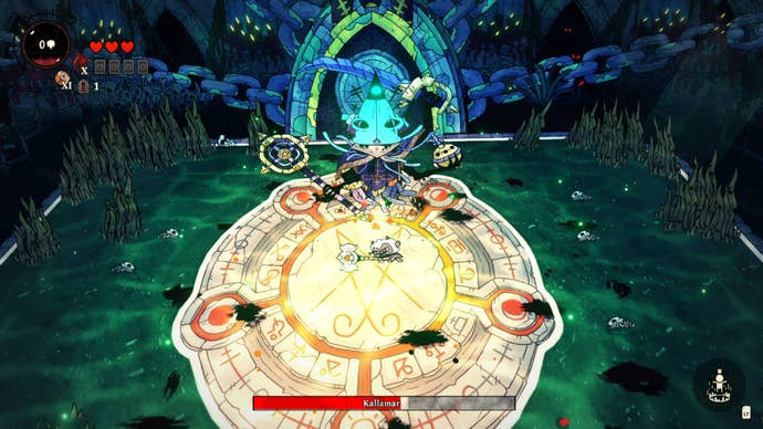 The Lamb fights against Kallamar, a Bishop of the Old Faith, in Cult Of The Lamb.