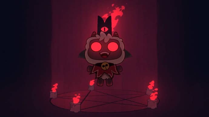 The cult leader in Cult Of The Lamb, levitating above a pentagram. Seems fine.