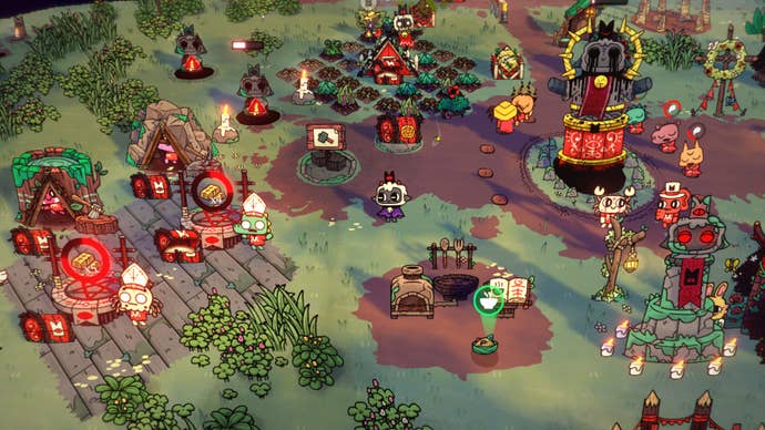 A screenshot of the cultists' home in Cult Of The Lamb.