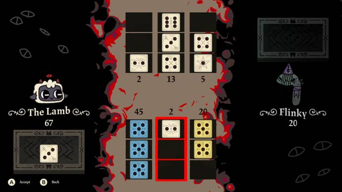 The Lamb plays a game of Knucklebones against the character Flinky in Cult Of The Lamb.