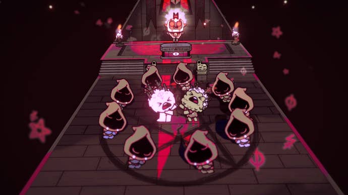 Two cultists fight to the death in ritual combat while surrounded by a circle of hooded cultists in Cult Of The Lamb.