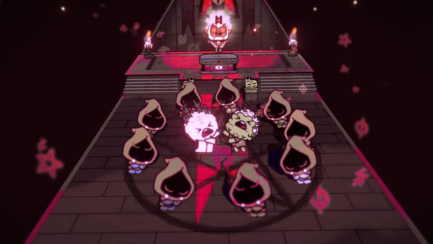 Two cultists fight to the death in ritual combat while surrounded by a circle of hooded cultists in Cult Of The Lamb.