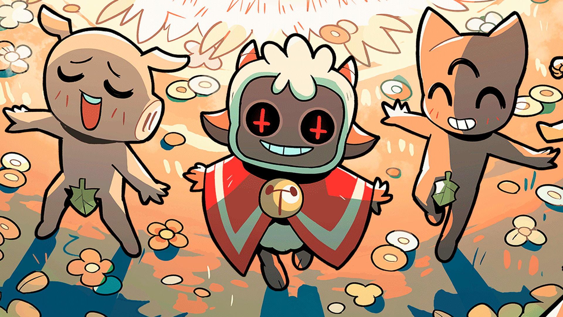 Artwork for Cult of the Lamb&rsquo;s Sins of the Flesh update, showing the lamb dancing between two followers