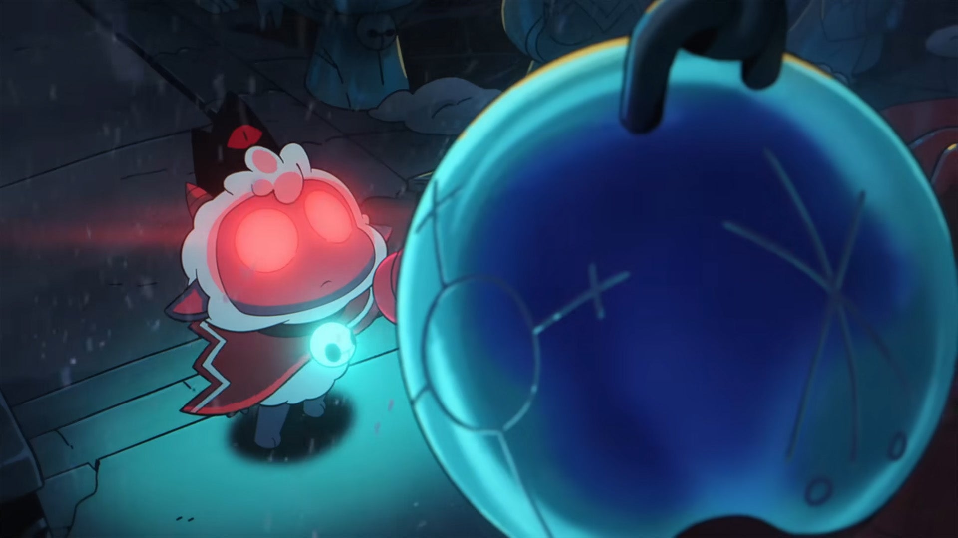 A cartoon lamb with glowing reddish eyes wearing a reddish cloak and achromatic chapeau has its manus raised to a blue, metallic orb successful an animated trailer for Cult of the Lamb.