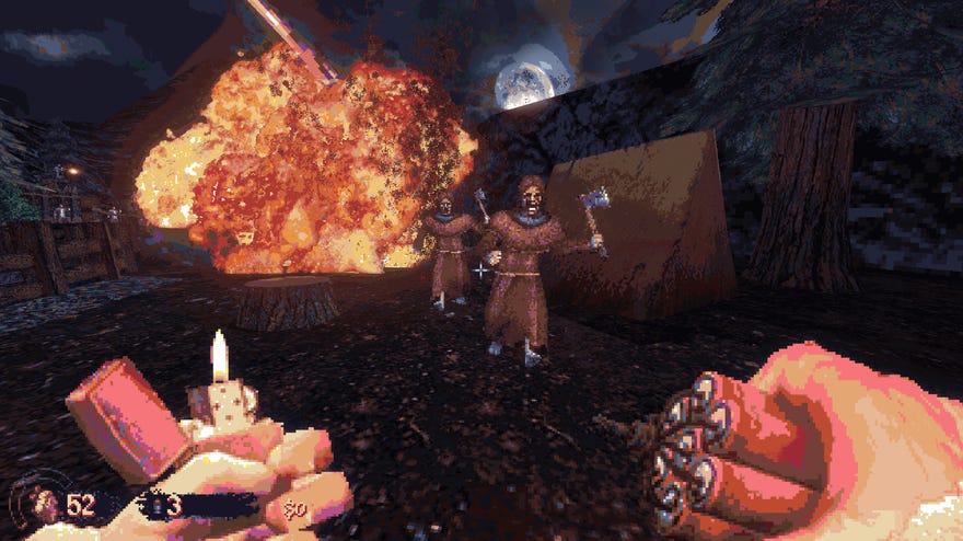 Two cultists run away from an explosion caused by the player’s dynamite.