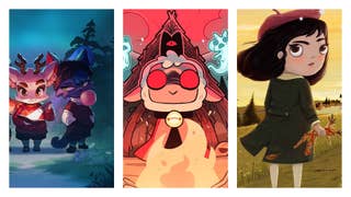 A composite image divided into thirds, left to right: characters from Beacon Pines, the lamb from Cult Of The Lamb, and the main character from Little Misfortune
