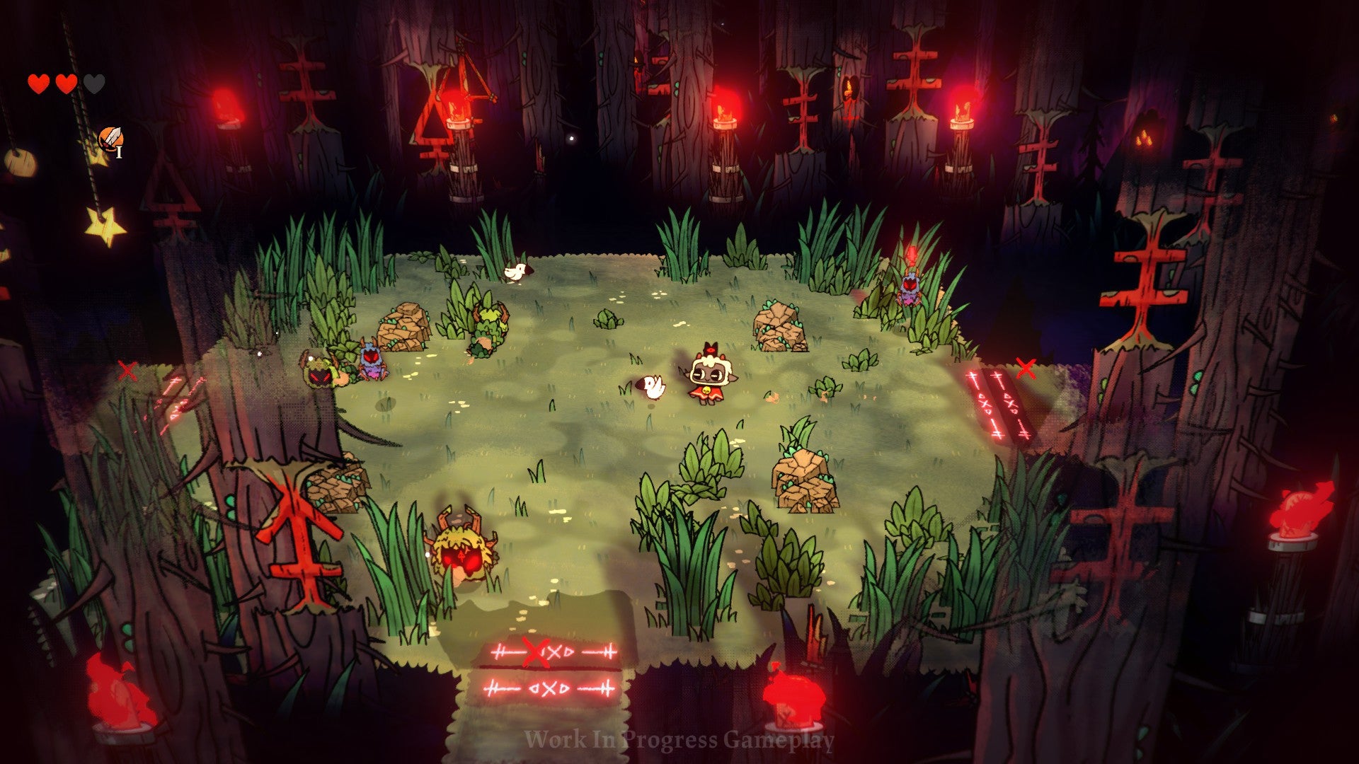 Our fiendish lamb clears a torchlit, grassy room of cursed bats and caterpillars.