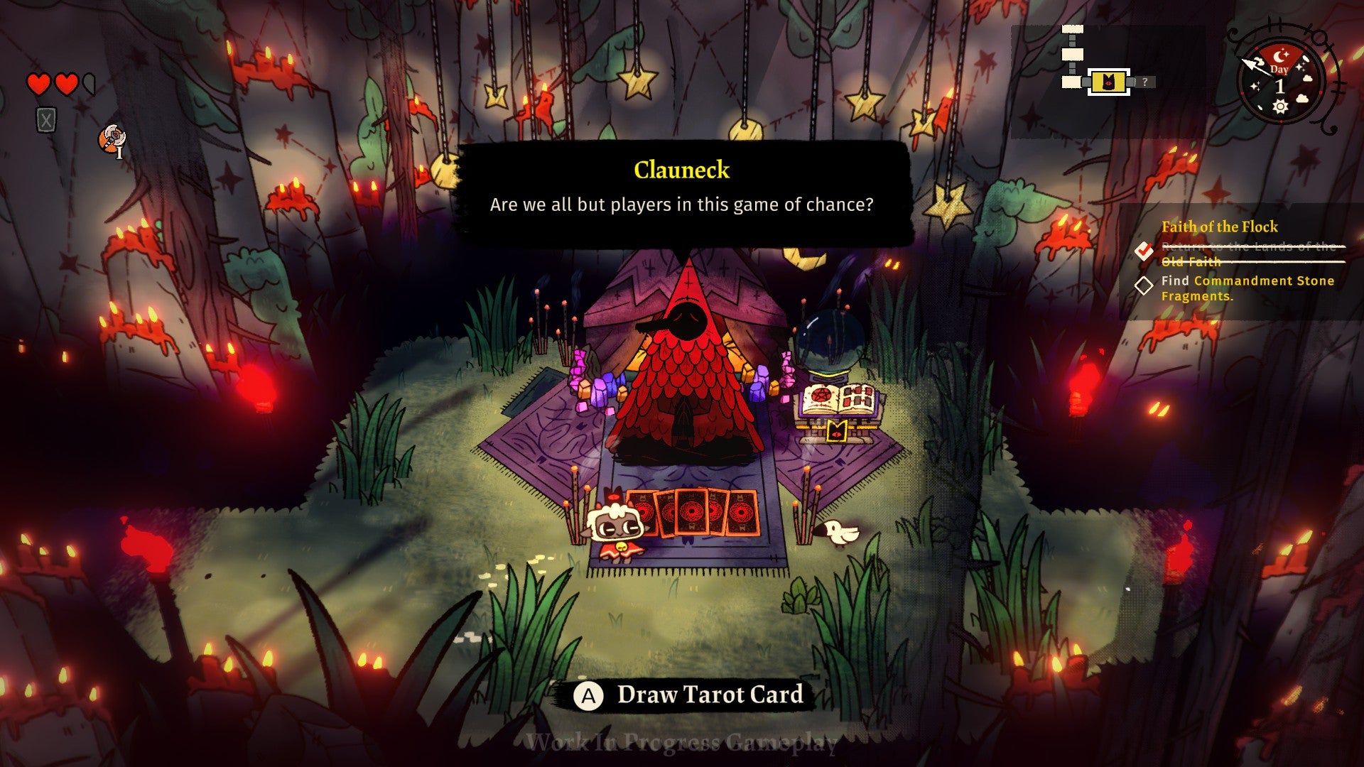 A cute little lamb visits the tarot card shop during a mission, where a strange, cloaked character awaits.