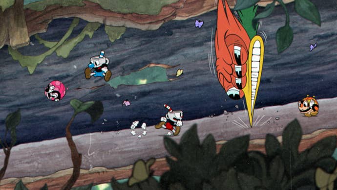 Mugman fights a Woodpecker enemy in Cuphead